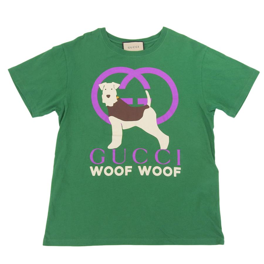 グッチ WOOF WOOF ドッグプリント コットン Tシャツ トップス レディース グリーン S S GUCCI（グッチ） WOOF WOOF ドッグプリント コットン Tシャツ トップス