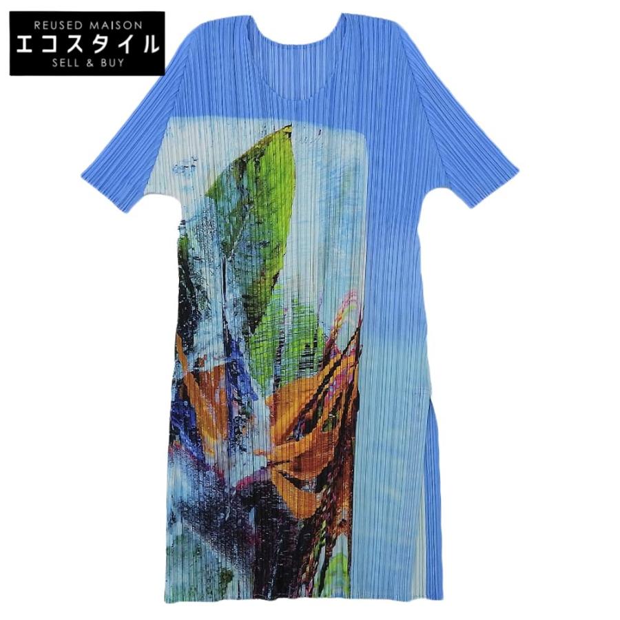プリーツプリーズ 美品 ポリエステル Tropical Winter/トロピカルウィンター プリーツカットソー ブルー 3 PP33JT672 23AW 36 美品 PLEATS PLEASE プリーツプリーズ ポリエステル Tropical Winter