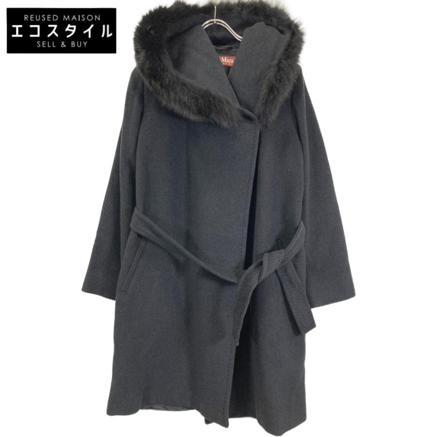 【ピッピ】美品 Max Mara フォックスファー フードウールコート MAXMARA STUDIO マックスマーラスタジオ ブラック フォックスファー