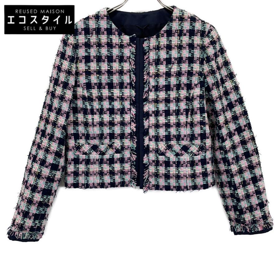 新品未使用　ANAYI チェックツイード　ジャケット　ノーカラー　パールボタン 極美品】アナイ チェックツィードジャケット ノーカラー パール 白