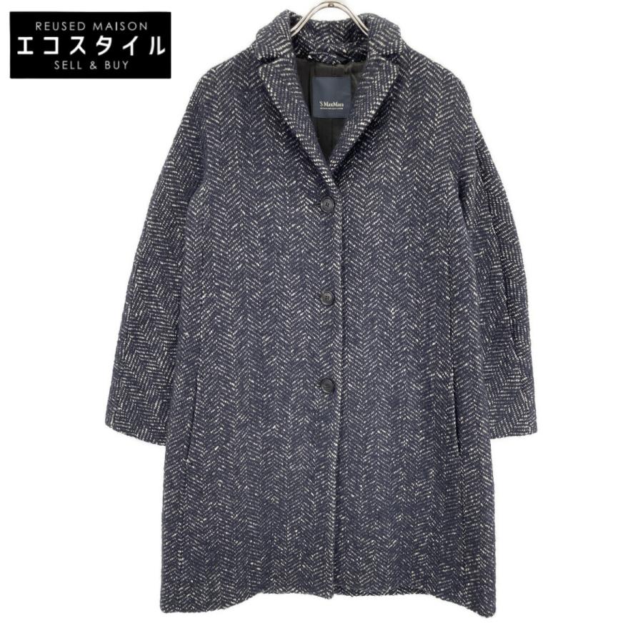 S MaxMaraのチェスターコート　ネイビーブルー　サイズ42 S MaxMara エスマックスマーラ ネイビー ウールアルパカ ヘリンボーン