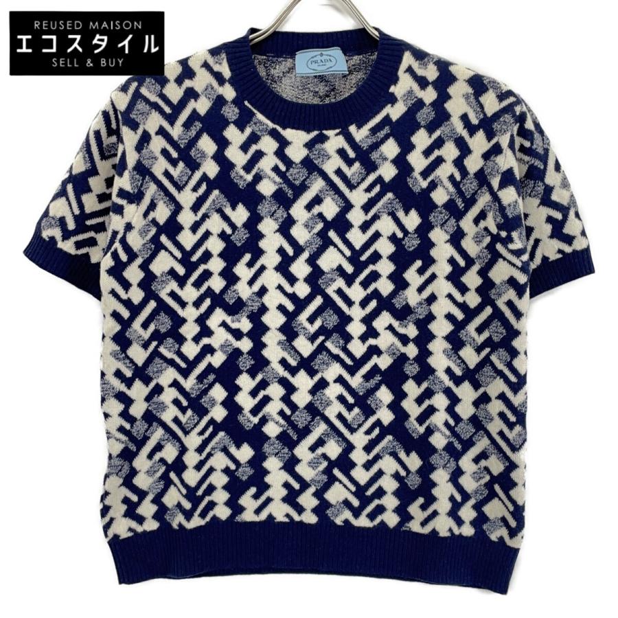 PRADA（プラダ） P24TOP 19年 ブルー ウールカシミヤ 総柄半袖ニット 