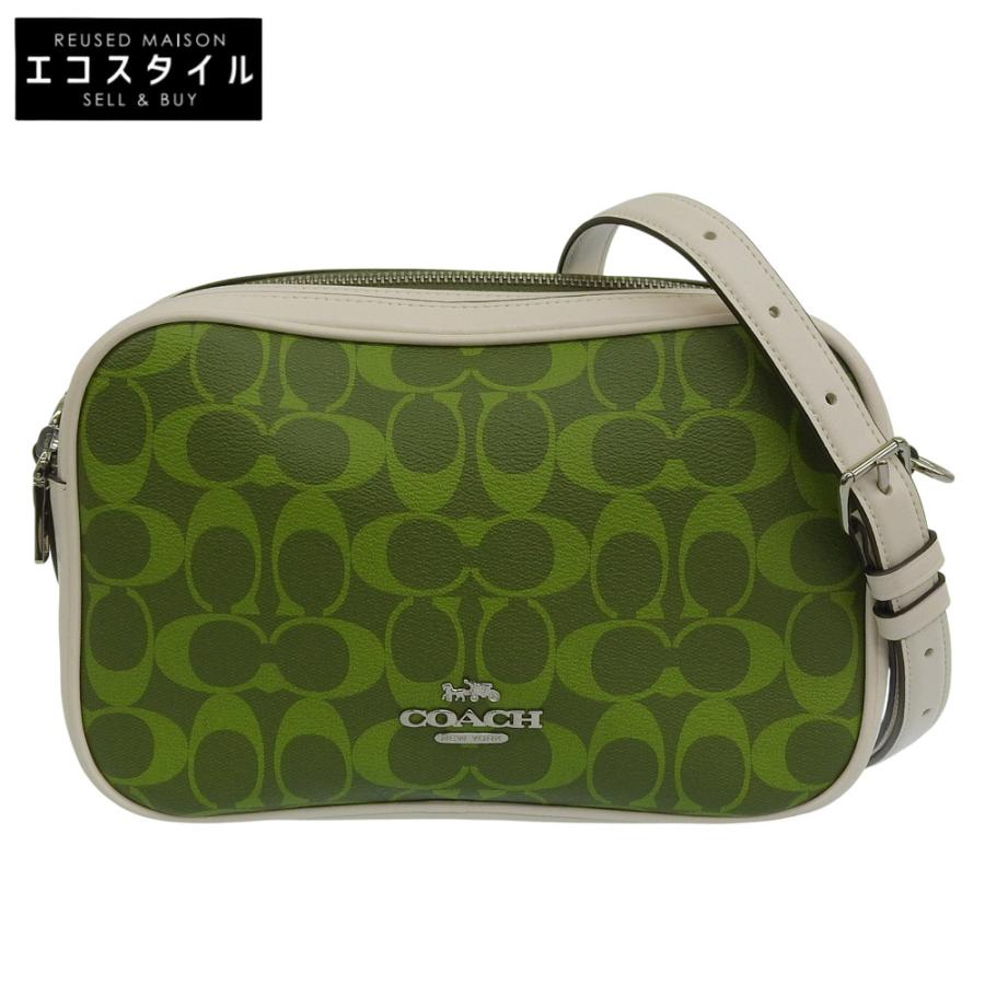 COACH コーチ 美品 レザー PVC シグネチャー ショルダーバッグ レディース グリーン×オフホワイト 68168 COACH（コーチ） 美品 レザー PVC シグネチャー ショルダーバッグ