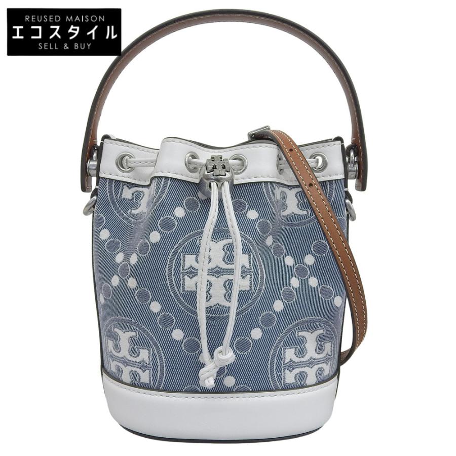 Tory Burch トリーバーチ 美品 キャンバス×レザー Tモノグラム ミニバケット 2WAYショルダーバッグ レディース ブルー×ホワイト 10009171 TORY BURCH（トリーバーチ） 美品 キャンバス×レザー Tモノグラム ミニ