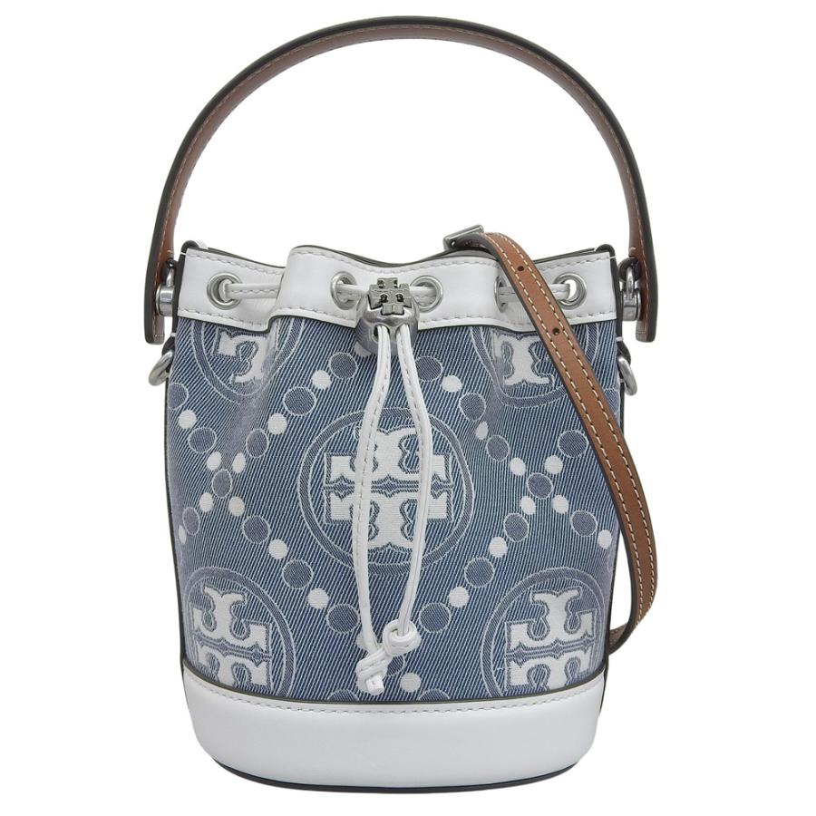 美品 Tory Burch トリーバーチ キャンバス×レザー Tモノグラム ミニバケット 2WAYショルダーバッグ レディース ブルー×ホワイト 10009171_1