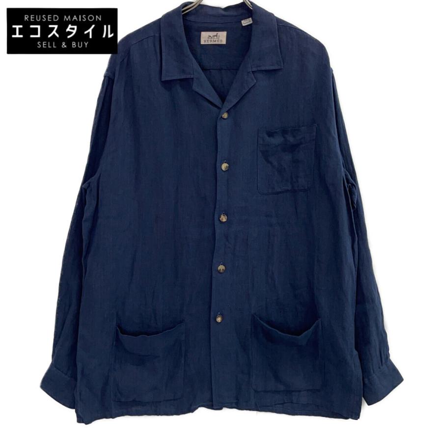 16133 ✨エルメス ヴィンテージ 馬具柄 長袖シャツ ブルー 40 HERMES エルメス ブルー リネン100 ロングスリーブシャツジャケット 40