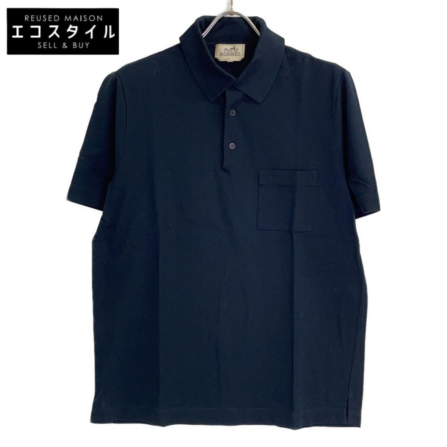 HERMES エルメス ブラック コットン H刺繍ポケット ポロシャツ L