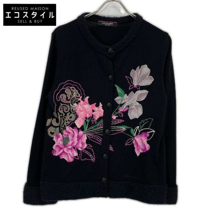 レオナール カシミヤシルク ニット LL 黒 花柄 ラインストーン ビーズ LEONARD（レオナール） 0367571 ブラック カシミヤ×シルク フラワー