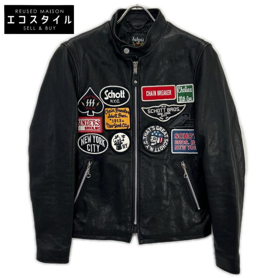 schott ショット 3191052 ブラック ラムレザー ワッペン ジャケット S SCHOTT（ショット） 3191052 ブラック ラムレザー ワッペン ジャケット