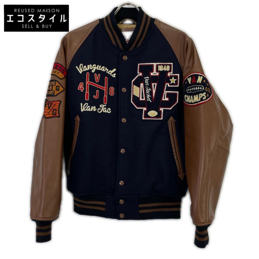 VAN JACKET ヴァンジャケット JW-19502 ネイビー×ブラウン ウール×レザー 水牛革切替スタジャン L ヴァンジャケット JW-19502 ネイビー×ブラウン ウール×レザー 水牛革