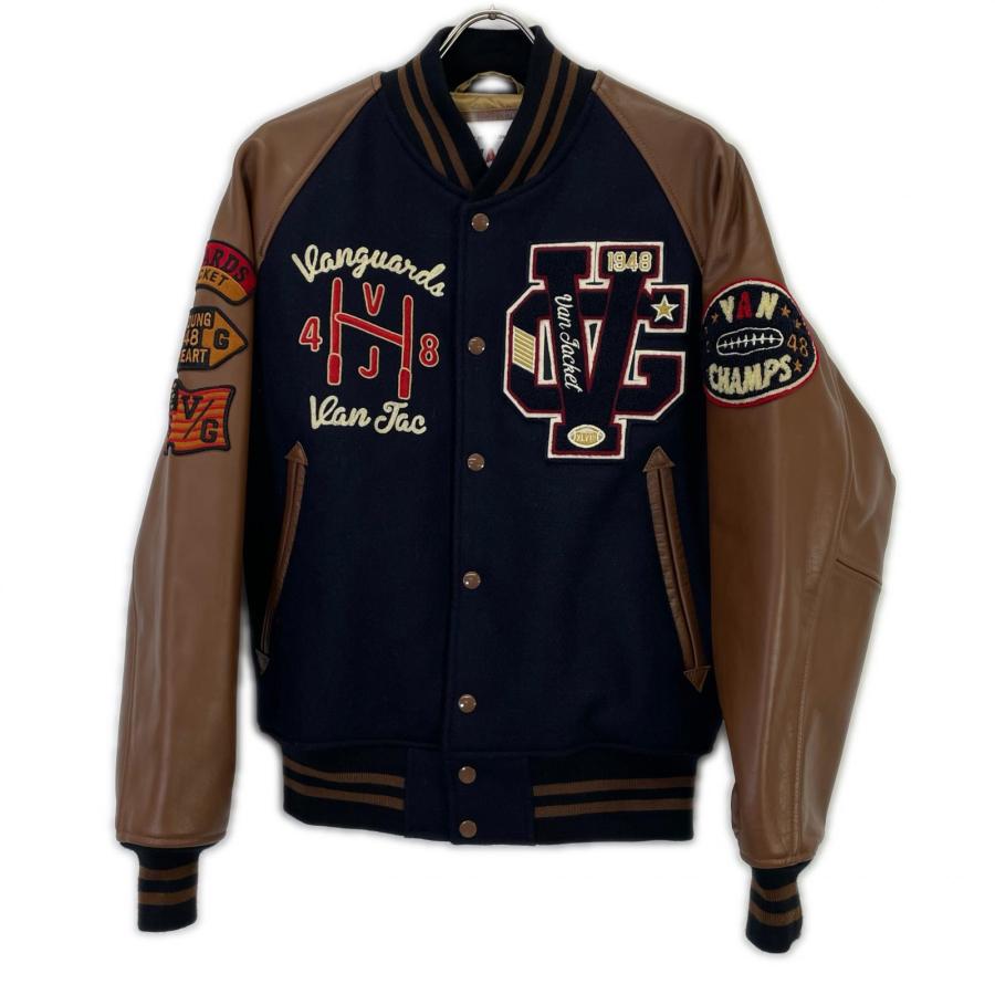 ヴァンジャケット JW-19502 ネイビー×ブラウン ウール×レザー 水牛革