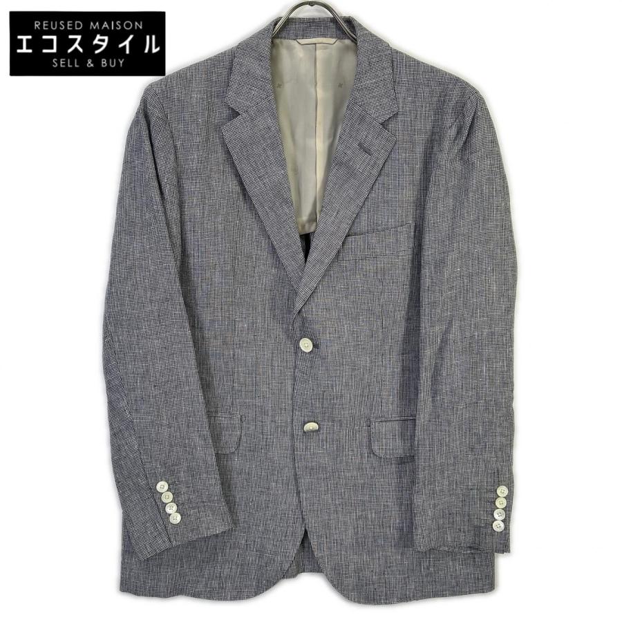 Papas パパス D048AFJL016 ネイビー×ホワイト ハウンドトゥース リネン テーラードジャケット M 美品/ PAPAS パパス D048AFJL016 ネイビー×ホワイト ハウンドトゥース