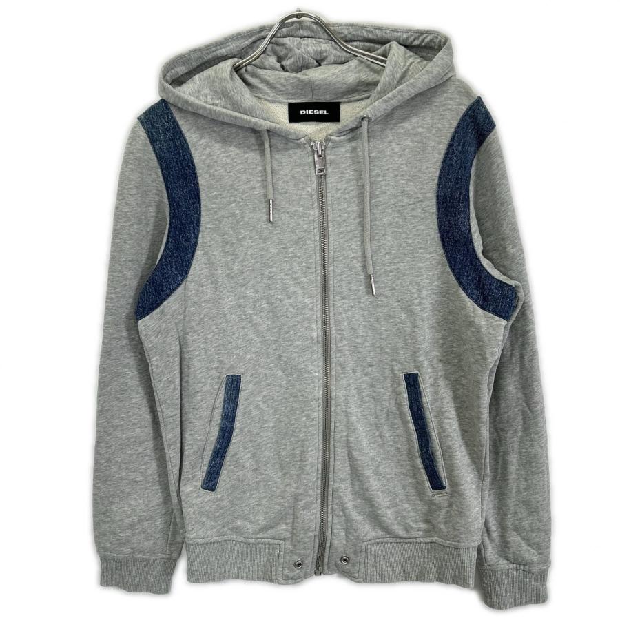DIESEL パーカーL デニム切替 ダメージ加工 ジップアップ グレー　未使用 DIESEL（ディーゼル） グレー デニム切替 フーデッドジップアップ