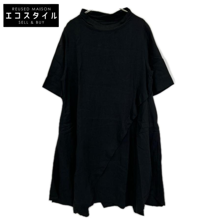 美品 芽風 メフウ アシンメトリー ロングワンピース 38 黒 m mefu メフウ（芽風） 13125817 ブラック リネン100 ショートスリーブ