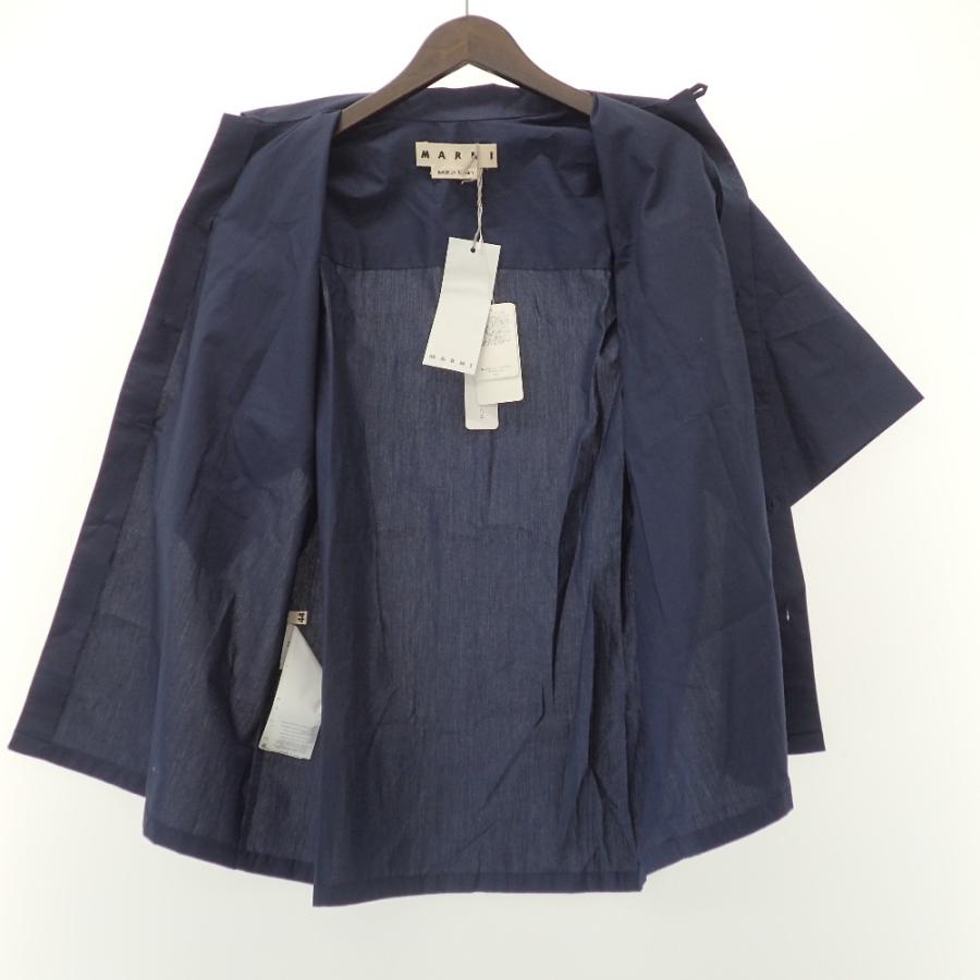 MARNIネイビー 半袖ボウリングシャツ ブルー トロピカルウール製ボウリングシャツ、マルニシンボル