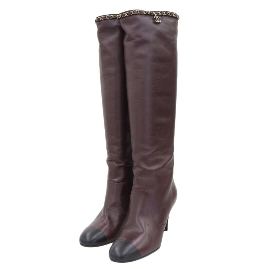 CHANEL シャネル レザーロングブーツ シューズ レディース ボルドー