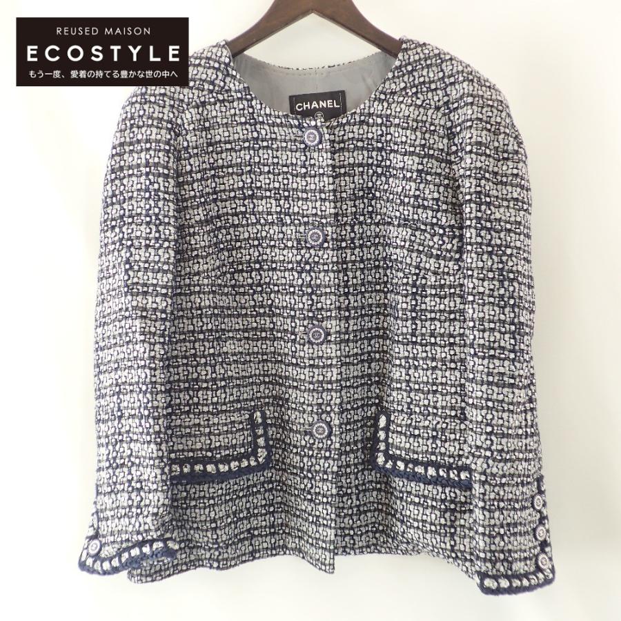 CHANELシャネルツイードジャケットグレーココマークボタンサイズ40