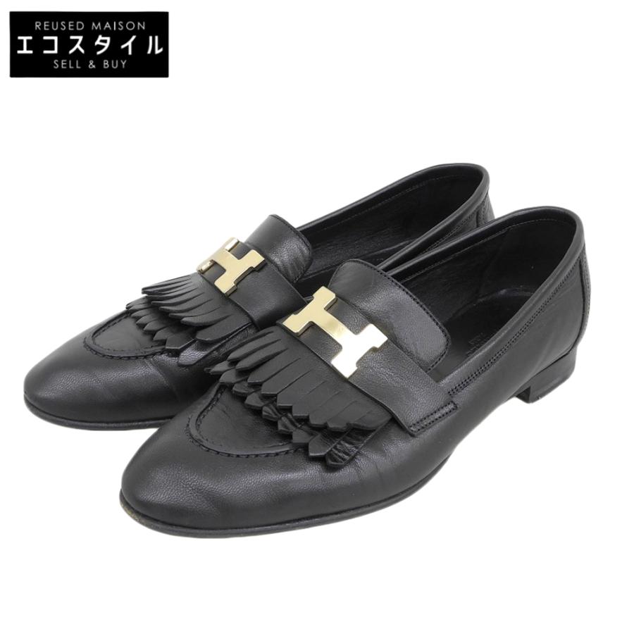 エルメス HERMES ロワイヤル ローファー 革靴 靴 シューズ レザー ブラック 黒 シルバー モカシン フラットシューズ H金具 フリンジ 美品 HERMES エルメス ロワイヤル タッセルローファー シューズ