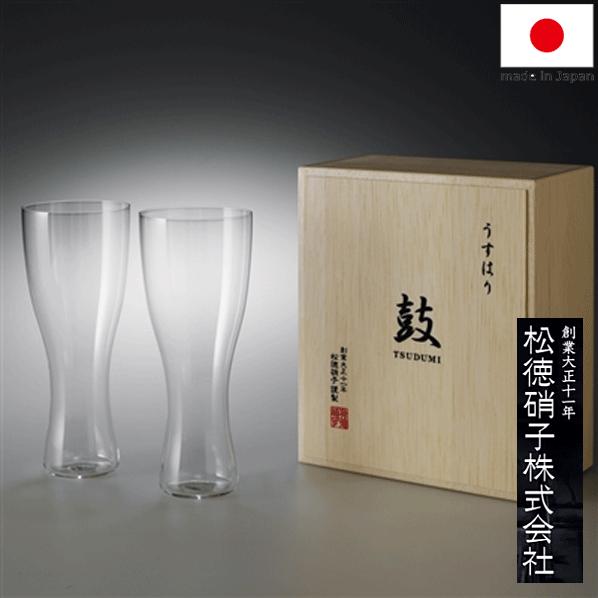 うすはり 鼓 ビールグラス 木箱入 2個セット 355ml 松徳硝子 ハンドメイド 極薄グラス 日本酒_ .の画像