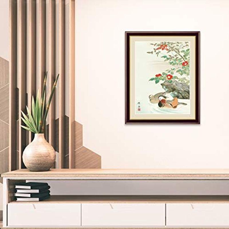 特価ブランド アート額絵 花鳥画 冬飾り 北山歩生「南天福寿」日本画 額入り インテリア アート (f6/52×42cm)