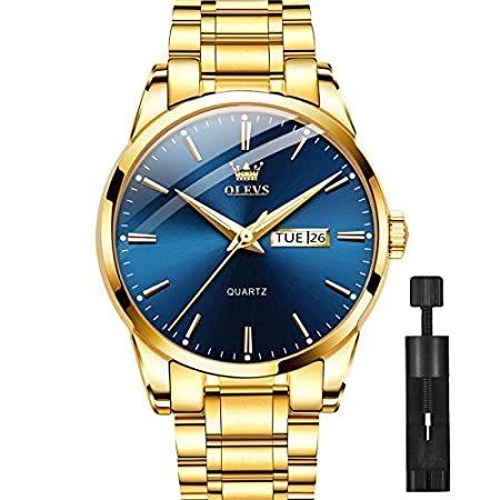 お得な情報満載 Watches Date Men,Day for Watches Steel Gold Men Dial,G Blue Watch Gold,Mens 腕時計
