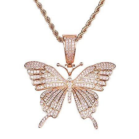 誠実 Rose Hop Hip Fashion Necklace Chain Butterfly Out Iced Bling 3D Plated Gold ネックレス、ペンダント