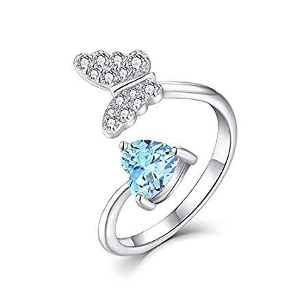 FJ Soild Silver Butterfly Ring Open Animal Ring with March Aquamarine Birth