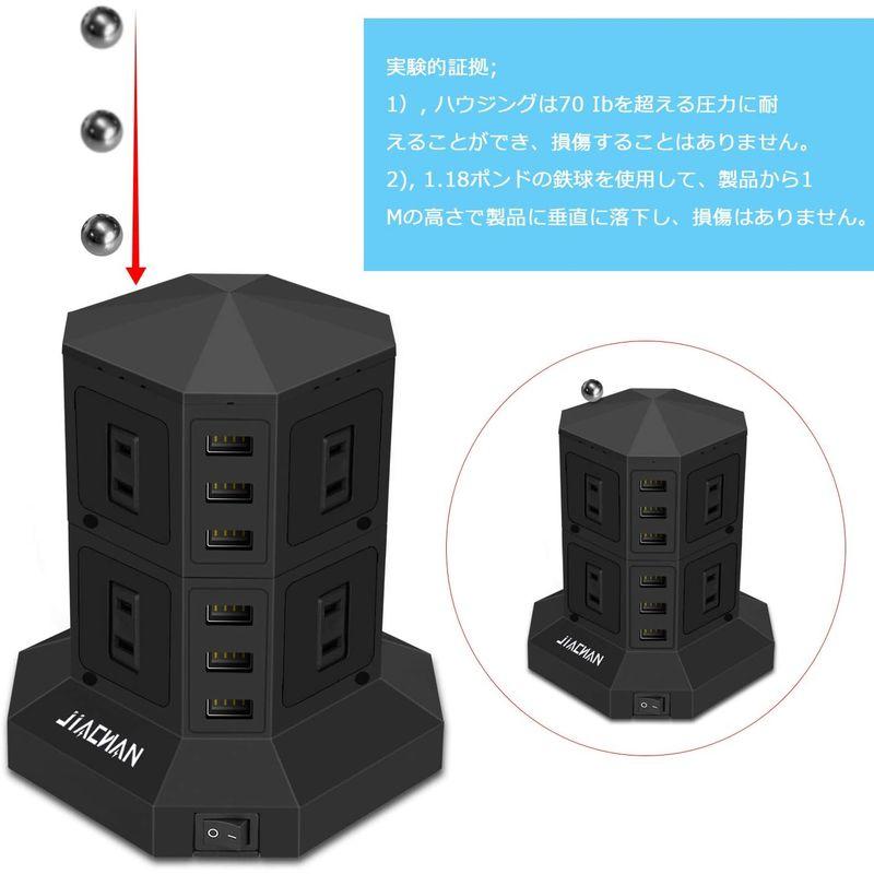 JIACHAN 電源タップタワー式 6個USB 8個コンセント 約 3ｍ 急速充電 雷ガード 過負荷保護 ブラック｜wing-of-freedom｜03