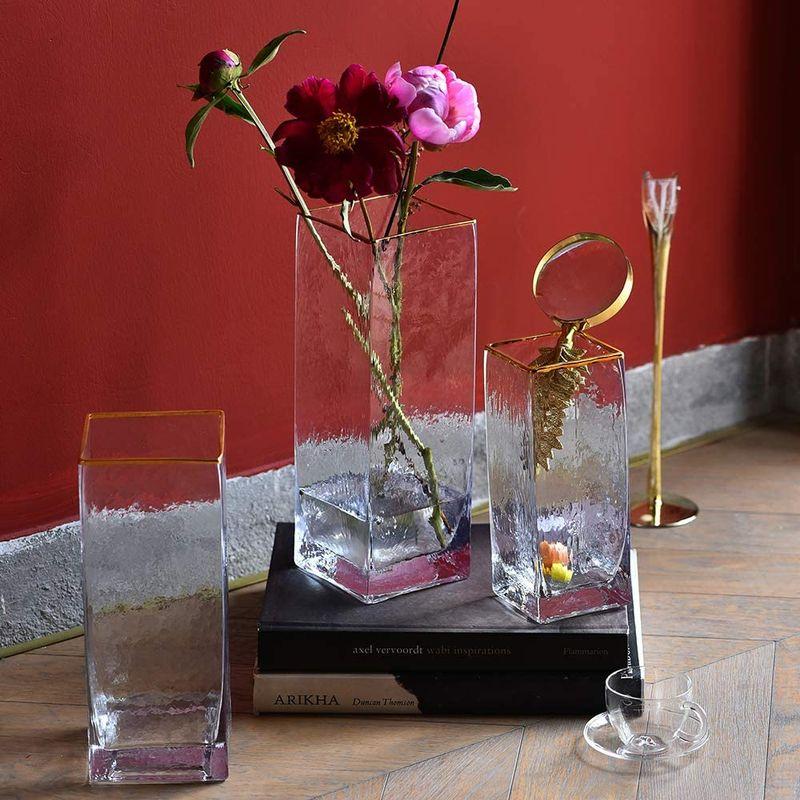 Cyl Home 花瓶 透明ハンマーガラス フラワーアレンジメント 花瓶 ゴールデンリム装飾 キューブテーブル センターピース モダン 長方  サシェ、ポプリ