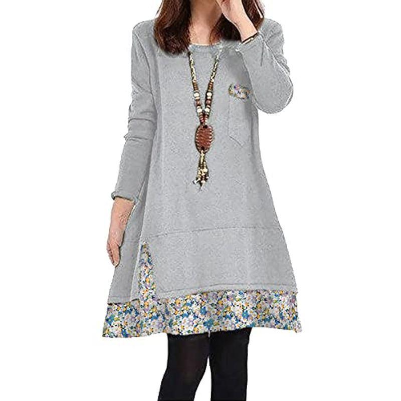 Newne ニューネ 重ね着風 小花 柄 長袖 Aライン チュニック ワンピース シンプル 旅行 春用 夏用 秋用 冬用 大 格安販売中