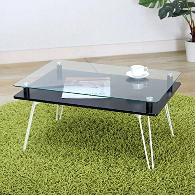 不二貿易 折りたたみ ローテーブル 幅70cm ブラック 強化ガラス クラリス 87769