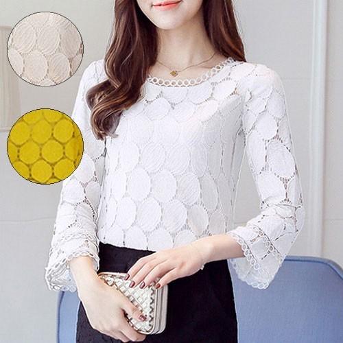 【バラ色の暮し】総レースブラウス 白★送料込 送料無料2〜3日後到着 総レース七分丈ブラウス 身頃裏地付き 白