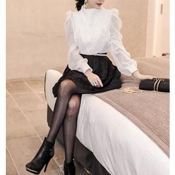 bakugai202601 コーラス 衣装 ブラウス　無地ボトルネック長袖ブラウス 後ろシームレスファスナー(３３ｃｍ)ブラウスパフスリーブ　S M L LLサイズ　白 黒 |  | 02