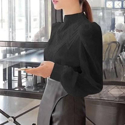 bakugai202601 コーラス 衣装 ブラウス　無地ボトルネック長袖ブラウス 後ろシームレスファスナー(３３ｃｍ)ブラウスパフスリーブ　S M L LLサイズ　白 黒 |  | 09