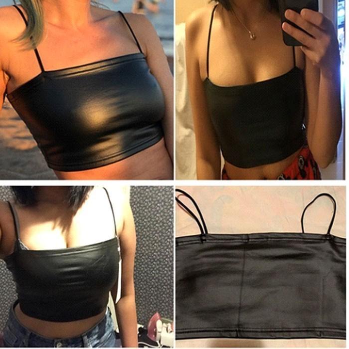 送料無料2〜4日後到着 ファイクレザー キャミソール ノースリーブ  ビスチェタイプ　インナートップス ジャズ スポーツトップス 黒 |  | 13