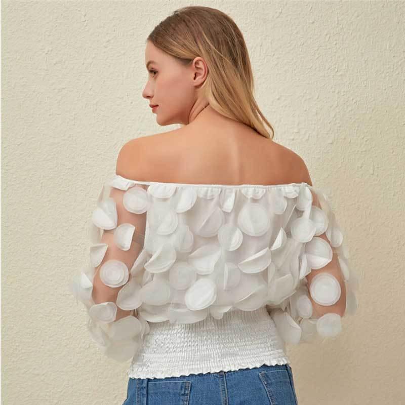 送料無料２〜３日後到着 演奏会 コーラス ブラウス 社交ダンス トップス 演奏会 シースルー地にパッチワーク ブラウス 長袖ボートネックトップス かぶりタイプ |  | 05