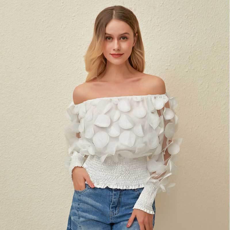 送料無料２〜３日後到着 演奏会 コーラス ブラウス 社交ダンス トップス 演奏会 シースルー地にパッチワーク ブラウス 長袖ボートネックトップス かぶりタイプ |  | 06