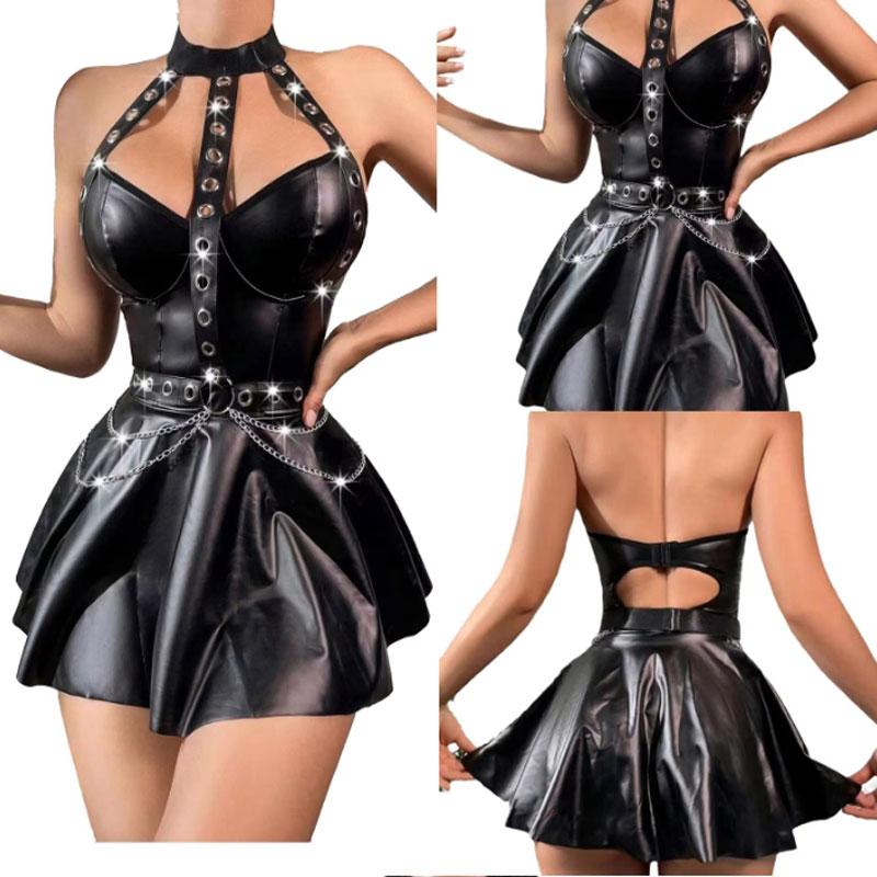 黒のボンデージ衣装 送料無料2〜4日後到着 レザー ボンテージドレス ひざ丈