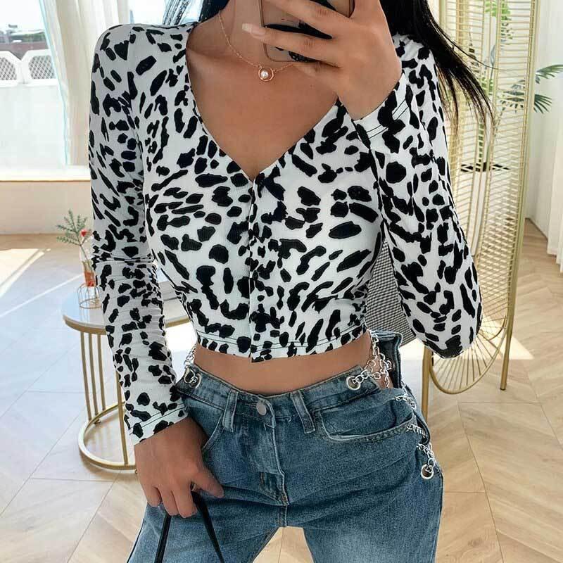 送料無料３〜５日後到着 ボタンダウンスタイリッシュ セクシートップス 牛革柄カジュアル長袖vネックスキニーtシャツ 伸縮性あるブラウス M Lサイズ |  | 01