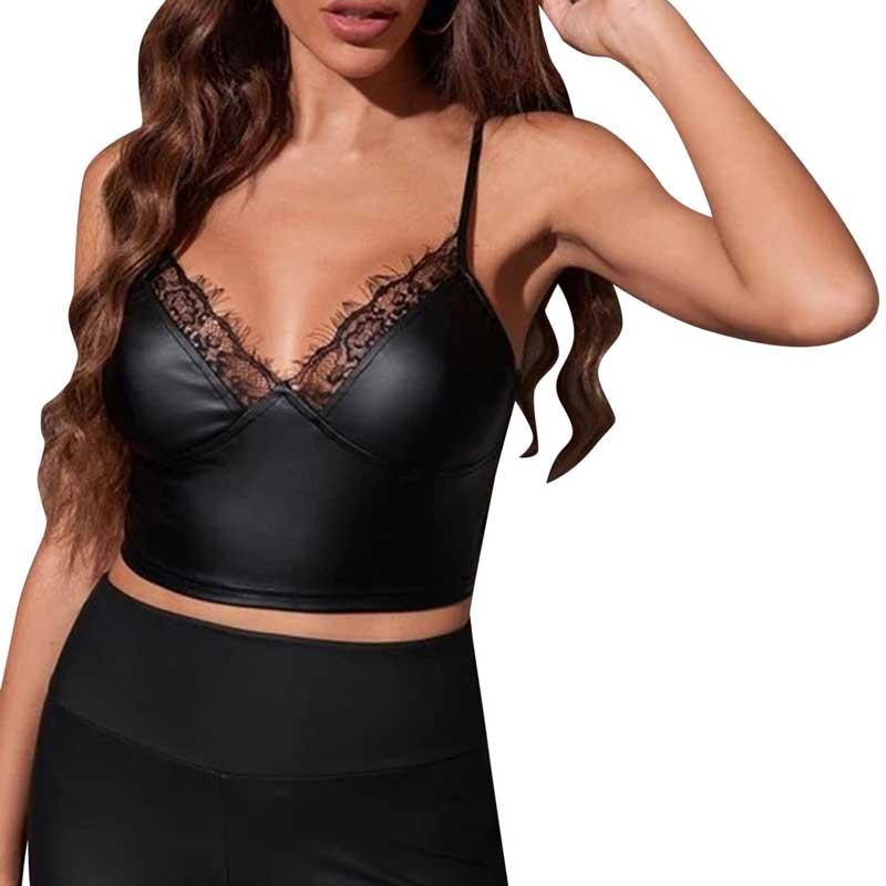 送料無料2〜4日後到着 ビスチェ ボンテージ コスプレ 胸元レース ソフトフェイクレザー インナー 見せる下着 セクシー レザーキャミソールトップス M L 黒 |  | 02
