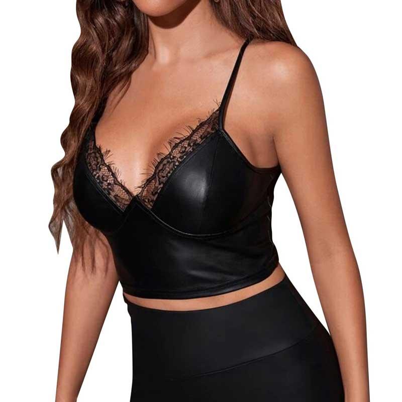 送料無料2〜4日後到着 ビスチェ ボンテージ コスプレ 胸元レース ソフトフェイクレザー インナー 見せる下着 セクシー レザーキャミソールトップス M L 黒 |  | 05