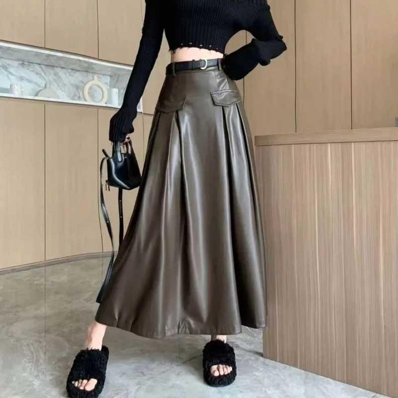 送料無料２〜4日後到着 ロングレザースカート セクシー レディース 脇ファスナーフレアーロング丈スカート フェイクレザー セクシーレザースカート モカ茶 黒 |  | 01