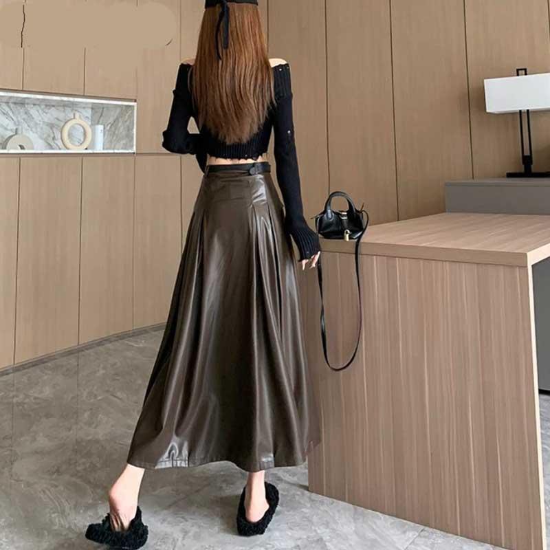 送料無料２〜4日後到着 ロングレザースカート セクシー レディース 脇ファスナーフレアーロング丈スカート フェイクレザー セクシーレザースカート モカ茶 黒 |  | 03