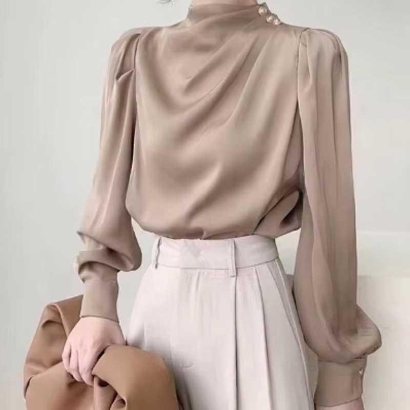 送料無料2〜4日後到着 演奏会 コーラス ブラウス 第九 合唱衣装 入学式 長袖ブラウス 白 黒 ベージュ Ｓ〜XXL ジョーゼット地 ボトルネック アームタック入り |  | 14