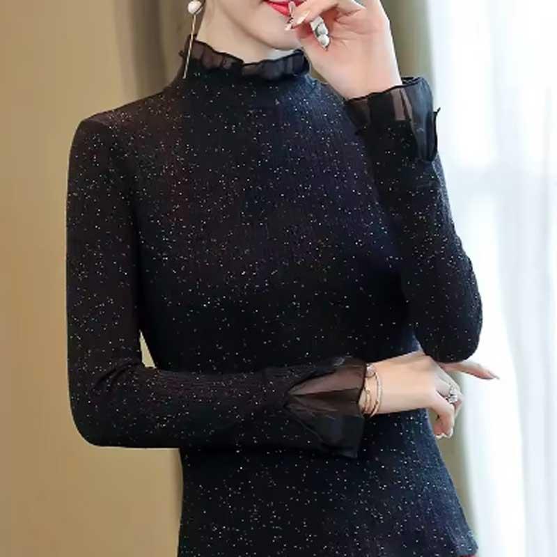 送料無料2〜3日後到着 演奏会 コーラス ブラウス フォーマル 社交ダンス トップス 演奏会 ハイネックソフトラメ ブラウス そでと襟シースルー地と布帛で二重です | 