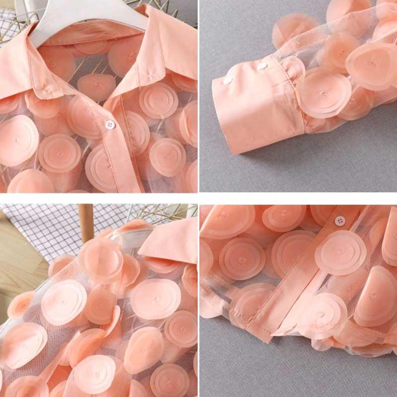 送料無料２〜３日後到着 演奏会 コーラス ブラウス 社交ダンス トップス 演奏会 シースルー地にパッチワーク ブラウス 長袖前開きボタンタイプ |  | 04