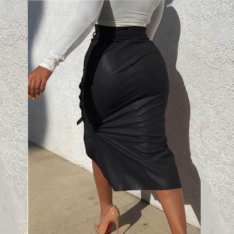 送料無料２〜３日後到着 レザースカート レディース レザーミデイアム丈スカート S M L サイズ セクシー レザー 前後丈が違うランダムスカート ベルト付き 黒 |  | 02