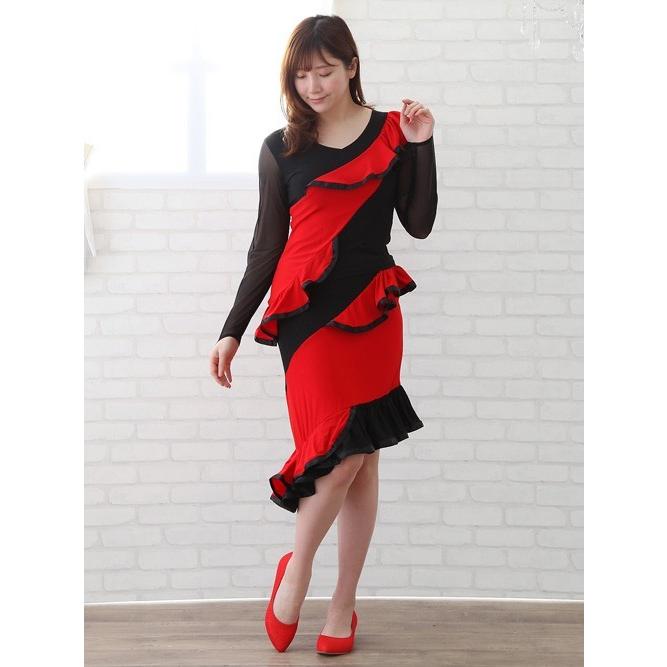 社交ダンス用フリルドレス（黒・赤）