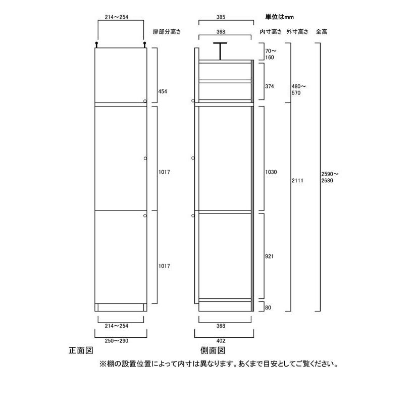消耗品縦長ラック扉付 収納棚 高さ259．1〜268．1cm幅25