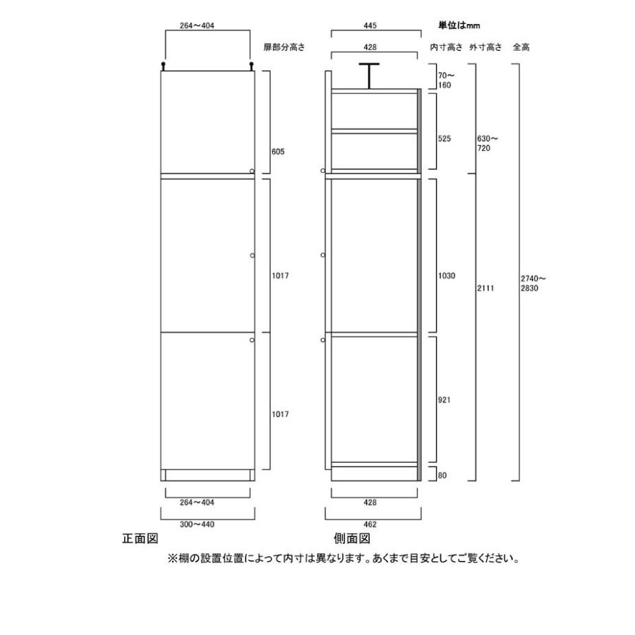 縦長扉付き転倒防止棚 隙間収納 高さ２７４．１〜２８３．１ｃｍ幅３０〜４４ｃｍ奥行４６ｃｍ厚棚板(棚板厚2.5cm)の画像